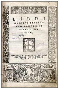 Libri quinque statutorum inclytae ciuitatis Mutinae (1547), frontespizio
