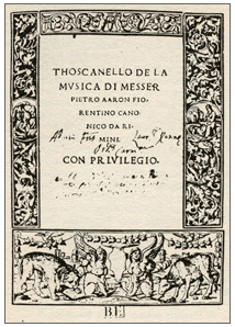 Toschanello de la musica di messer Pietro Aaron ... (1523), frontespizio