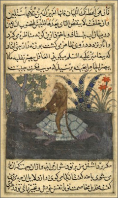 scimmia e tartaruga, ms. persiano, sec. XIV (Parigi, BnF)