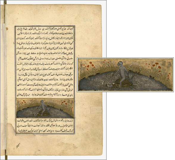 Kalila e Dimna, ms. persiano, XIV sec. (BnF, Ms. Pers. 377, c. 102v con part. della miniatura)