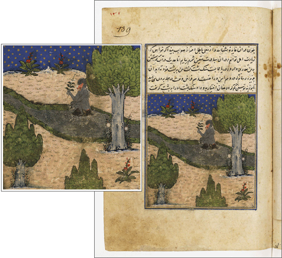 Kalila e Dimna, ms. persiano, XIV sec. (BnF, Suppl. Pers. 913, c. 139r con part. della miniatura)