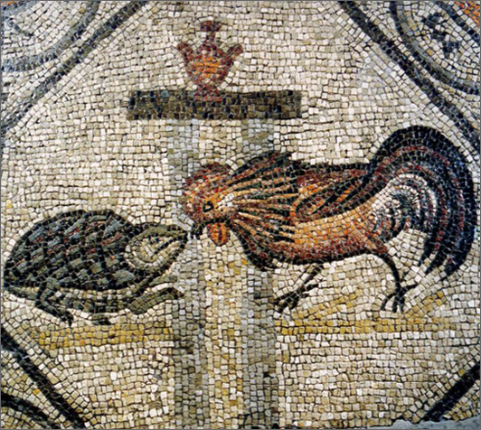 gallo e tartaruga, mosaico pavimentale, fine II sec. (Aquileia, Aula nord)